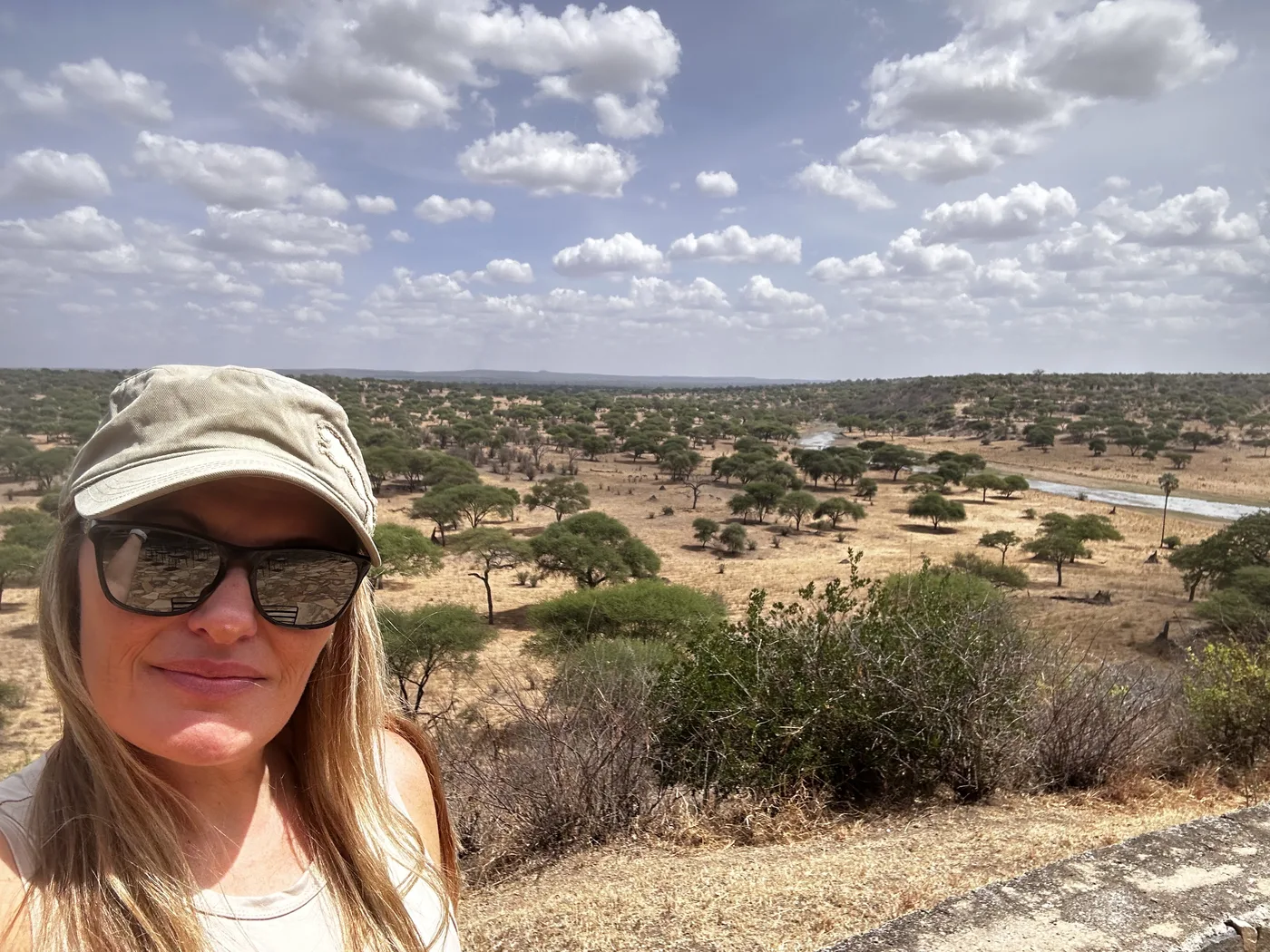 Tracy looking across the Tanzanian safari landscape